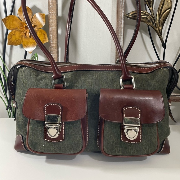 VTG Dooney & Bourke Handbag Canvas & Leather Hunter Green w/Dark Leather Accents - Picture 1 of 11